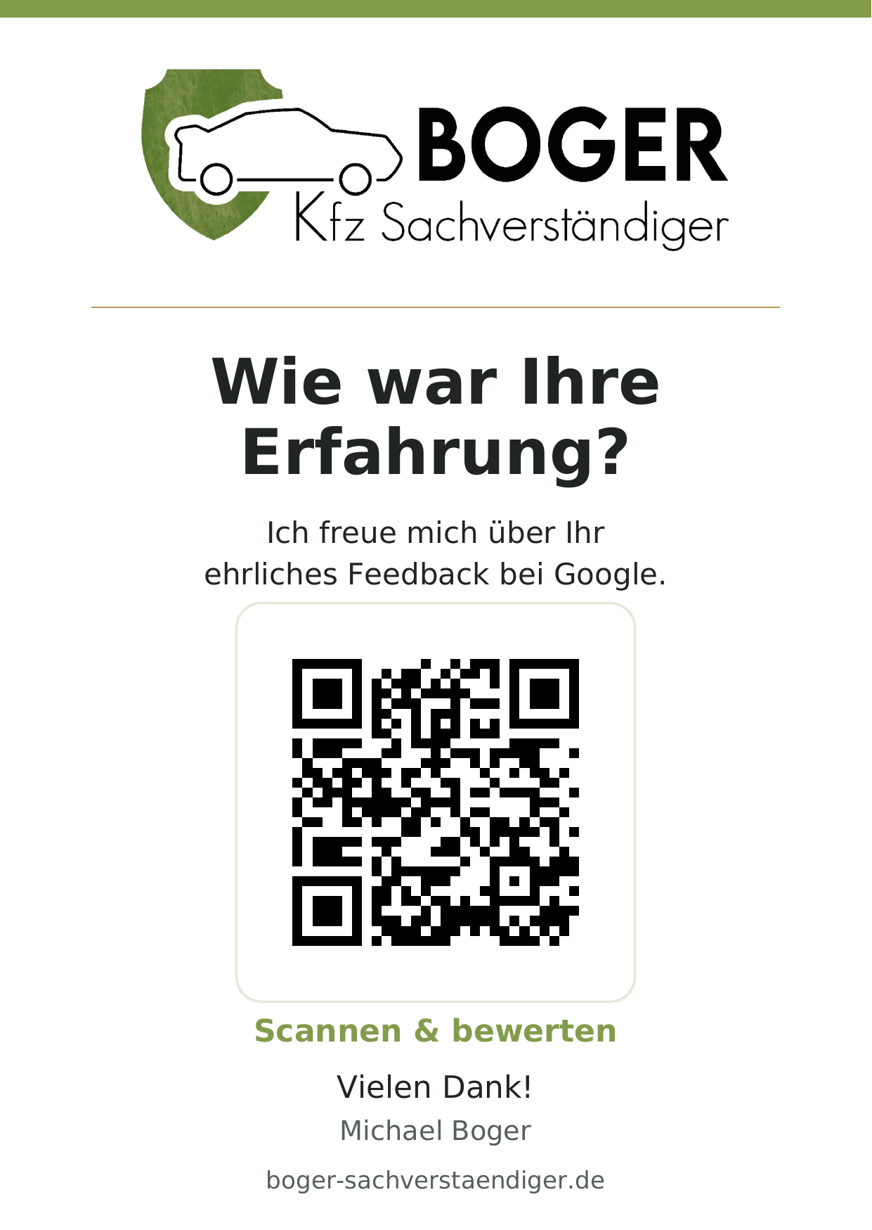 BOGER-Bewertungskarte mit QR-Code zur Google-Bewertung von Michael Boger